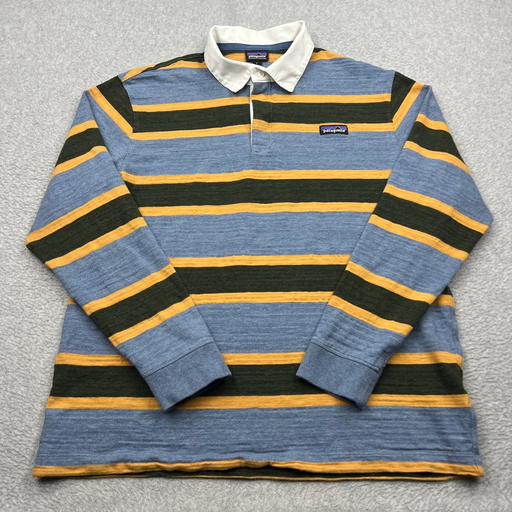Patagonia Rugby Shirt Mens Large Blue Striped Lightweight Organic Cotton 53860